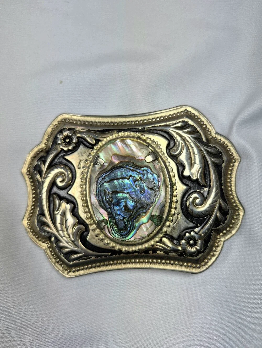 Vintage Western Abalone Shell Inlay Floral Belt Buckle Two Tone Cowboy Cowgirl